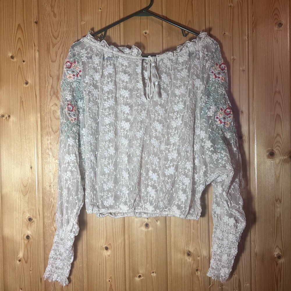 Free People Jubilee Sheer Floral Lace Embroidered Mesh Peasant Top Tassels Small